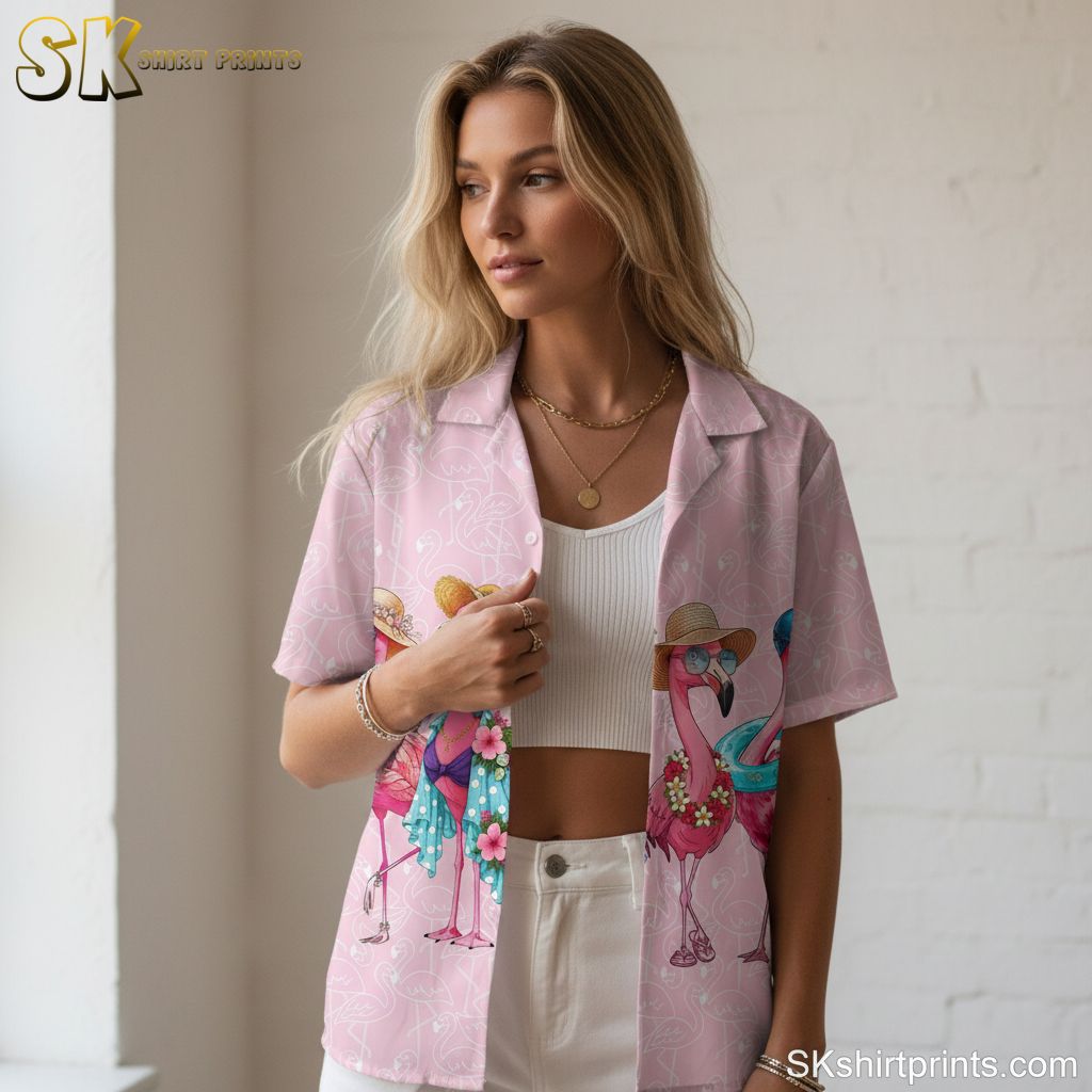 Tropical flamingo shirt featuring flamingos wearing flower garlands, sunglasses, and hats against pink tropical background
