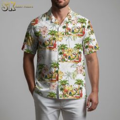 Tropical Hawaiian shirt with festive Santa character, surfboards, and tropical elements in bright colors