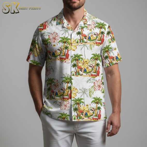 Tropical Hawaiian shirt with festive Santa character, surfboards, and tropical elements in bright colors