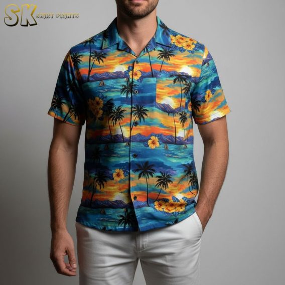 Tropical Hawaiian shirts for men with colorful sunset beach pattern perfect for vacation wear