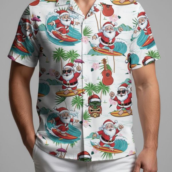 Hawaiian Christmas Shirt Mens - Surfing Santa with Guitars and Tiki Masks Beach Holiday Shirt