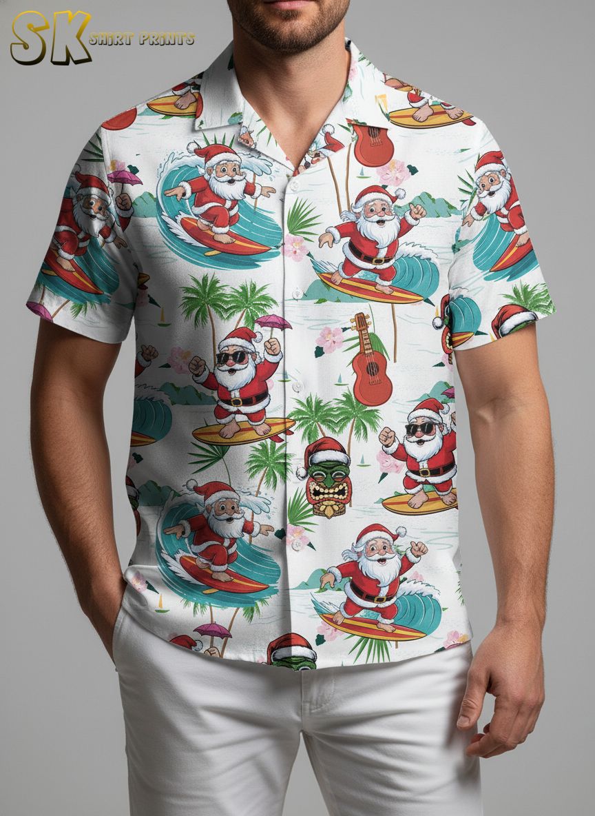 Tropical Santa shirt displaying Santa surfing with tiki masks, guitars and pink hibiscus pattern