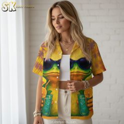 Unusual Hawaiian clothing specifications showing frog with cocktail design details and sizing information