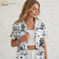 Unusual Hawaiian shirt product specifications showing raccoon and opossum pattern details and sizing