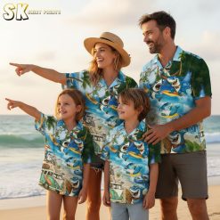 Unusual Hawaiian shirts collection showing various color options of skeleton surf beach party design