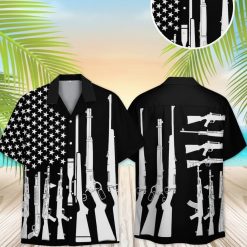 US Navy Hawaiian shirt featuring white stars on black background and firearm silhouettes pattern