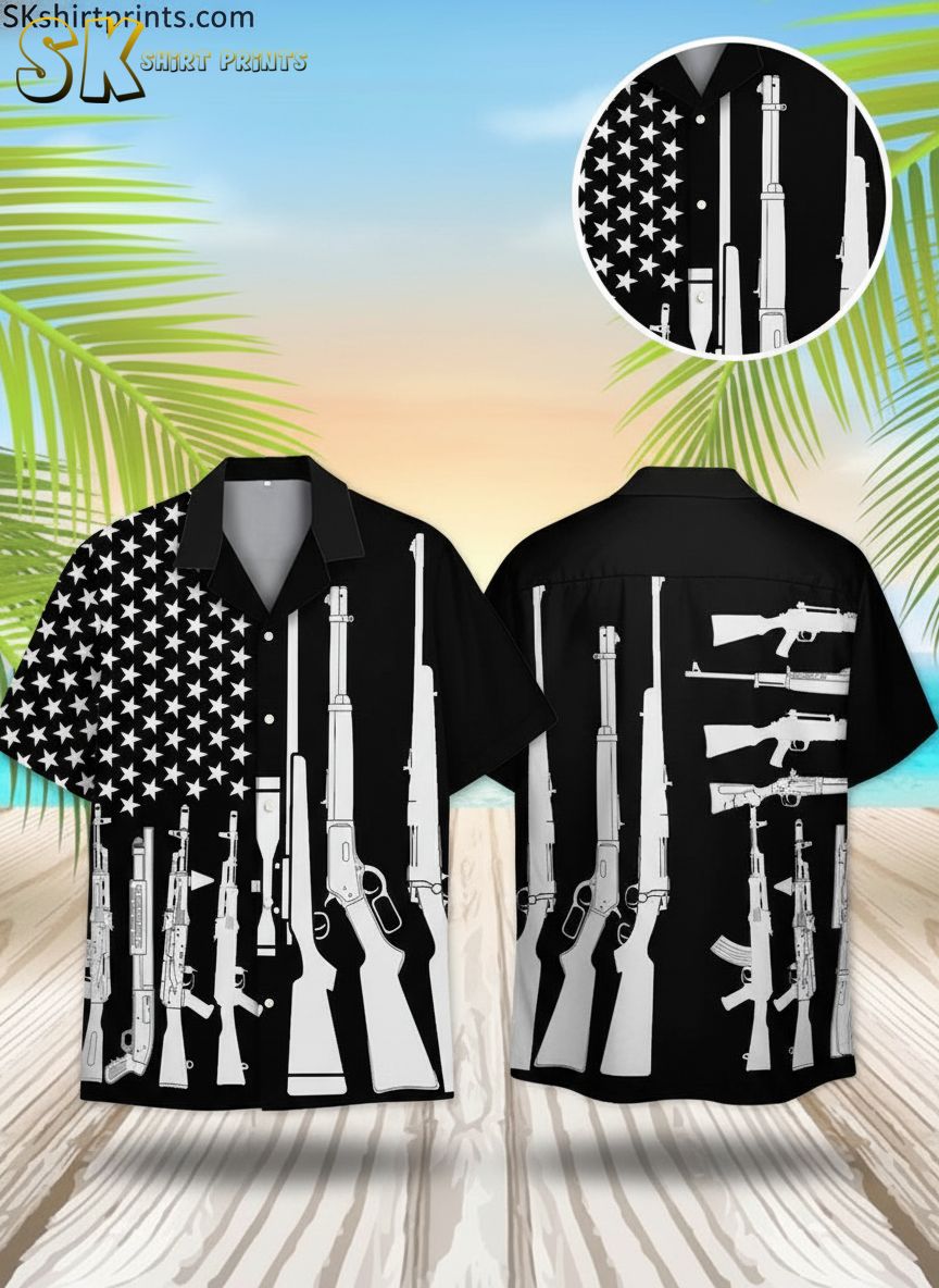 US Navy Hawaiian shirt featuring white stars on black background and firearm silhouettes pattern