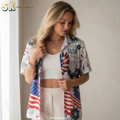 USA 250 anniversary shirt sizing chart and specifications for patriotic Hawaiian shirt