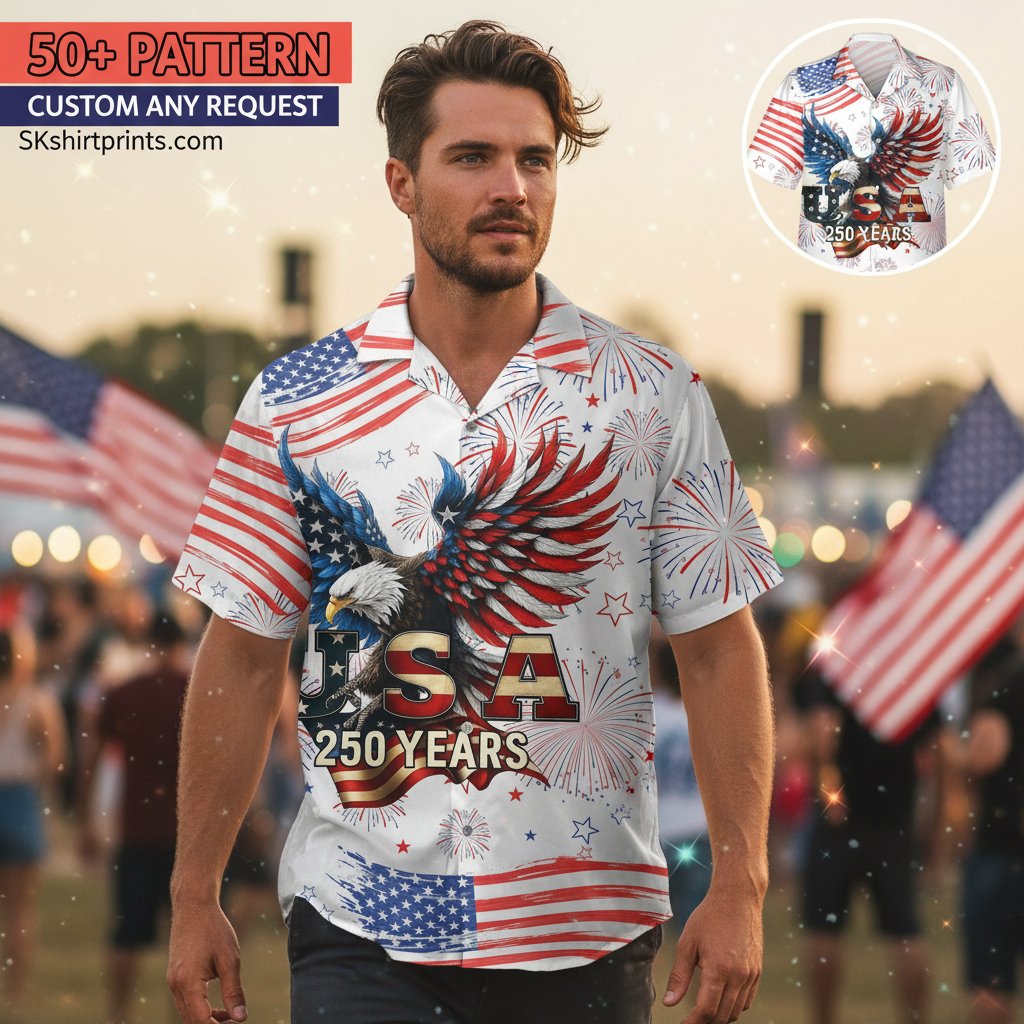 USA 250 Hawaiian shirt featuring bald eagle and American flag design worn at patriotic celebration
