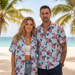 USA 250 years freedom Hawaiian button shirt with Americana tropical print featuring Liberty Bell and fireworks