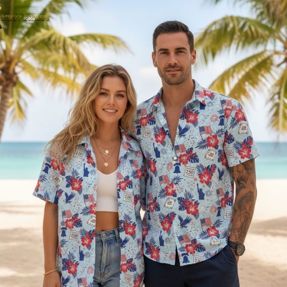 USA 250 years freedom Hawaiian button shirt with Americana tropical print featuring Liberty Bell and fireworks
