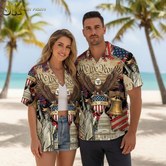 USA 250th anniversary Hawaiian shirt with American flag colors, patriotic symbols, and commemorative 1776-2026 dates