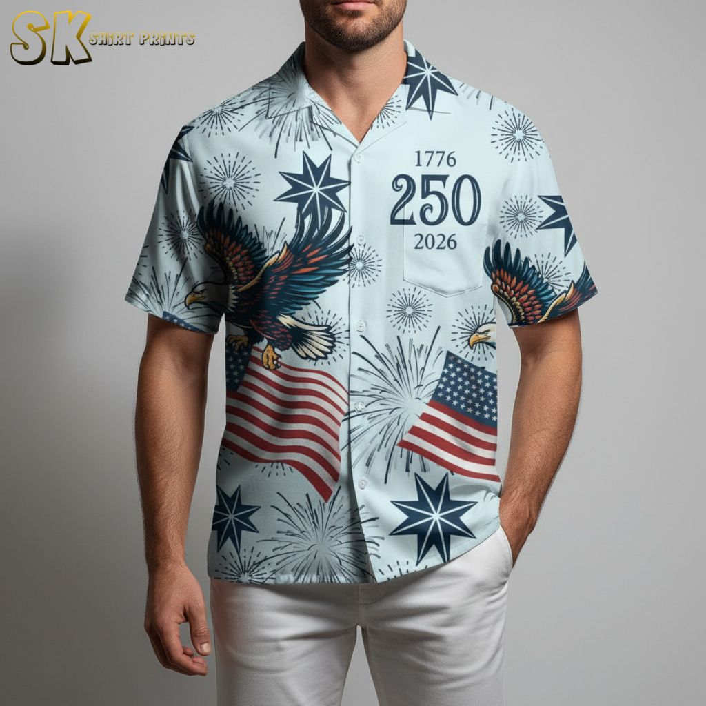 Close-up view of USA 250th anniversary shirt showing detailed eagles, American flag, and 1776-2026 commemorative elements