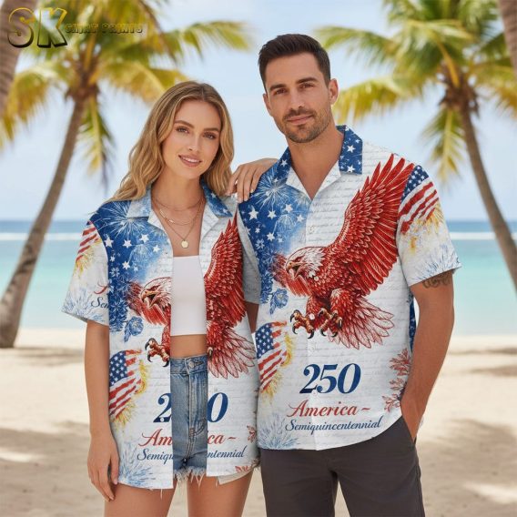 USA 250th anniversary shirt worn outdoors featuring bald eagle and fireworks design perfect for independence day celebrations and patriotic events