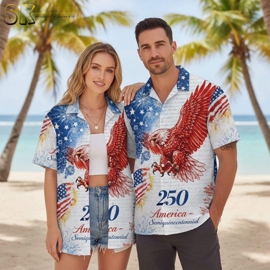 USA 250th anniversary shirt worn outdoors featuring bald eagle and fireworks design perfect for independence day celebrations and patriotic events