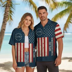 usa 250th anniversary shirt worn outdoors featuring american flag hawaiian design perfect for patriotic celebrations and events
