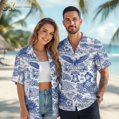 USA 250th anniversary shirt worn outdoors showcasing patriotic Hawaiian design with palm trees and American symbols