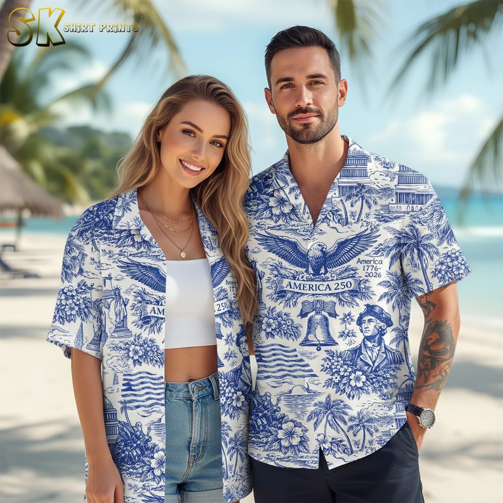 USA 250th anniversary shirt worn outdoors showcasing patriotic Hawaiian design with palm trees and American symbols