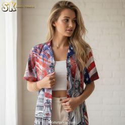 USA Hawaiian shirt sizing specifications and measurement chart for patriotic design