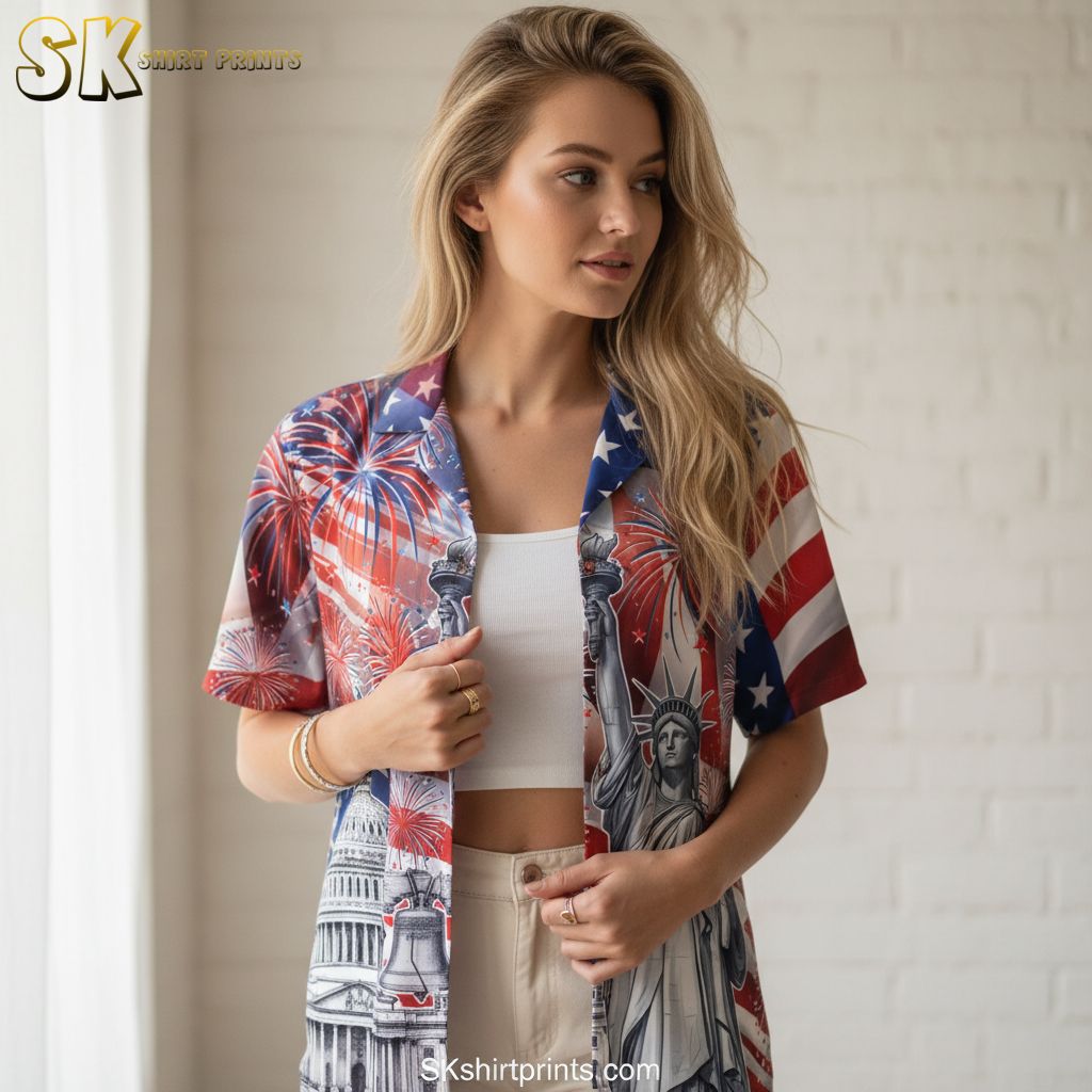 USA Hawaiian shirt sizing specifications and measurement chart for patriotic design