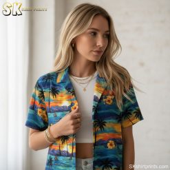 Vacation Hawaiian shirt size chart and specifications showing tropical sunset pattern details