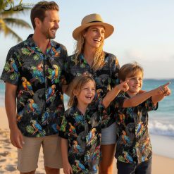 Vibrant tropical Hawaiian shirt collection showing all available colors of parrots design on black background
