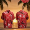 Vintage aloha shirts featuring red background with Hawaiian islands Maui Oahu print and palm trees