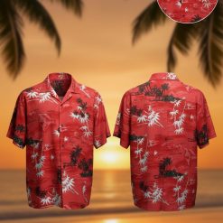 Vintage aloha shirts featuring red background with Hawaiian islands Maui Oahu print and palm trees