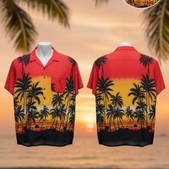 Vintage aloha shirts featuring tropical sunset gradient with palm tree silhouettes in red orange yellow colors
