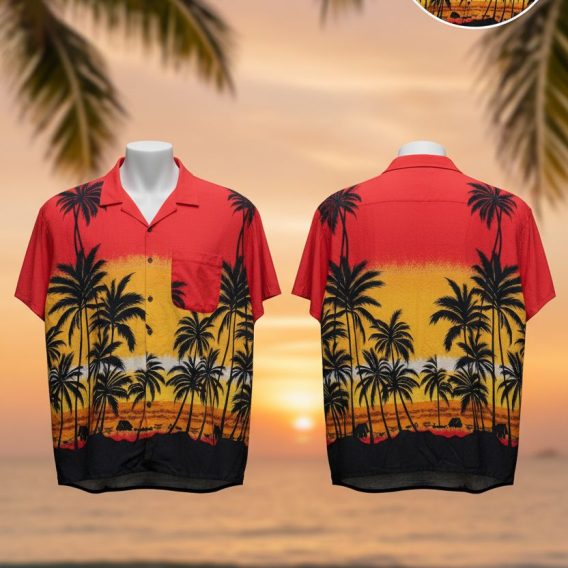 Vintage aloha shirts featuring tropical sunset gradient with palm tree silhouettes in red orange yellow colors