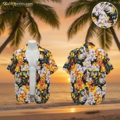 Vintage Hawaiian shirts with tropical flowers and pin-up girls on bright yellow background