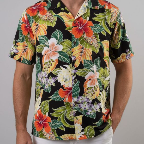 1940s Tropical Floral Hawaiian Shirt - Dark Background Aloha Print - Men's Vintage Style