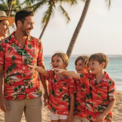 Full view of vintage red Hawaiian shirt displaying complete tropical pattern with palm trees, flowers, and beach scenes