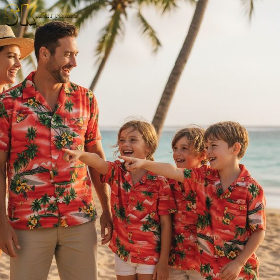 Full view of vintage red Hawaiian shirt displaying complete tropical pattern with palm trees, flowers, and beach scenes