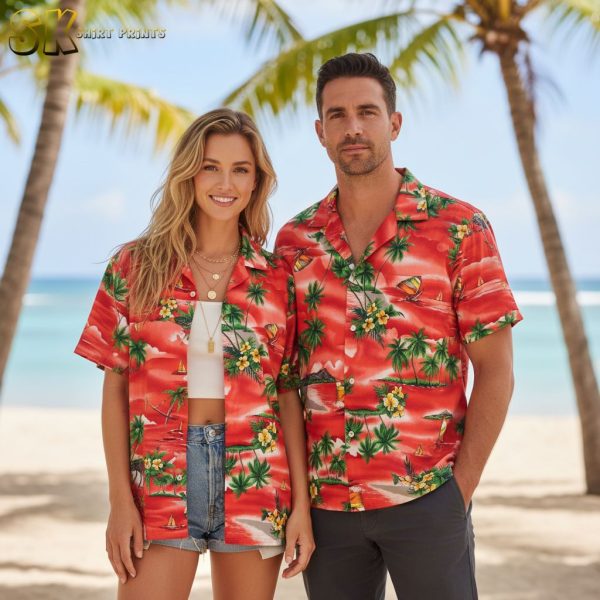 Vintage Red Hawaiian Shirt with Palm Trees and Sailboats - Tropical Beach Print