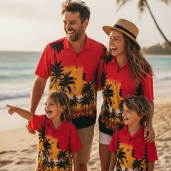Vintage reyn spooner collection displaying multiple tropical sunset hawaiian shirts with palm tree patterns
