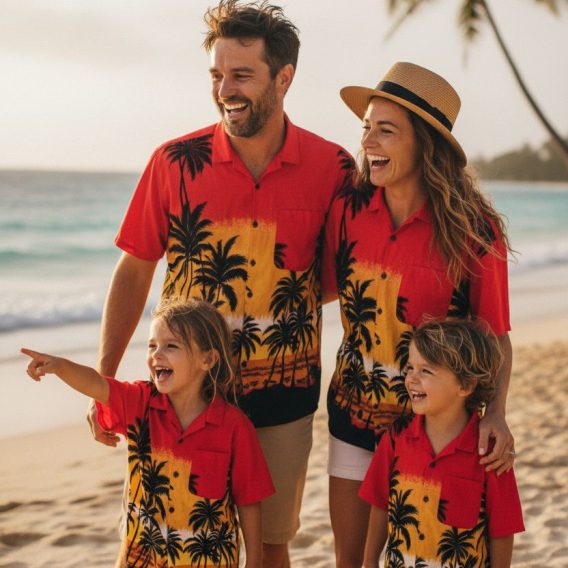 Vintage reyn spooner collection displaying multiple tropical sunset hawaiian shirts with palm tree patterns