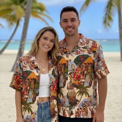 Vintage Tommy Bahama Hawaiian shirts style featuring tropical island scene with palm trees and cultural elements
