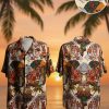 Vintage womens Hawaiian shirts with tropical island scene print featuring palm trees and cultural motifs in vibrant colors