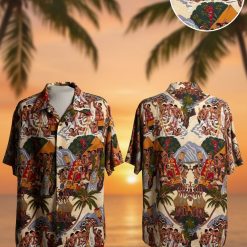 Vintage womens Hawaiian shirts with tropical island scene print featuring palm trees and cultural motifs in vibrant colors