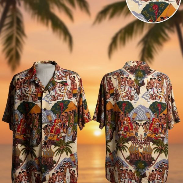 Vintage Womens Hawaiian Shirt 1950s Hula Girls Tropical Print Button Down Short Sleeve Aloha Blouse