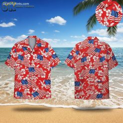 We The People Hawaiian shirt with white hibiscus flowers and American flag pattern on red background