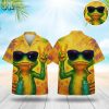 Weird Hawaiian shirt featuring green frog wearing sunglasses making peace sign with tropical drink on yellow background