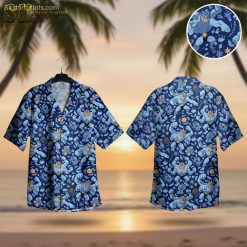 Weird Hawaiian shirt featuring muscular multi-armed figure with blue tropical floral design