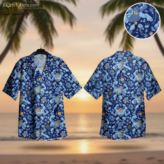 Weird Hawaiian shirt featuring muscular multi-armed figure with blue tropical floral design