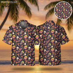 Weird Hawaiian shirts featuring colorful psychedelic mushroom pattern with swirls and stars on tropical button down shirt