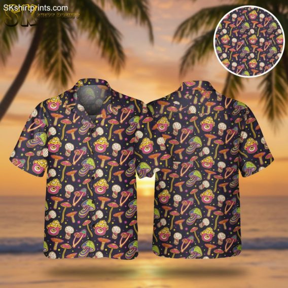 Weird Hawaiian shirts featuring colorful psychedelic mushroom pattern with swirls and stars on tropical button down shirt
