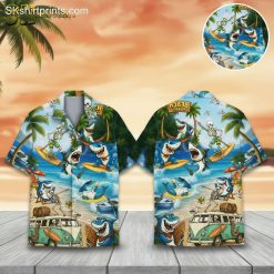 Weird Hawaiian shirts featuring cartoon skeletons surfing with sharks and beach van tropical pattern