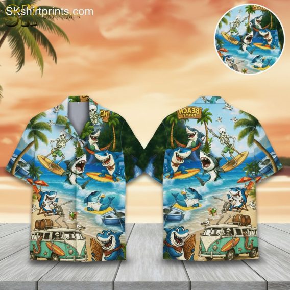 Weird Hawaiian shirts featuring cartoon skeletons surfing with sharks and beach van tropical pattern