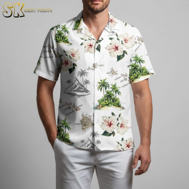Hawaiian Islands Map White Aloha Shirt – Tropical Hibiscus Palm Print